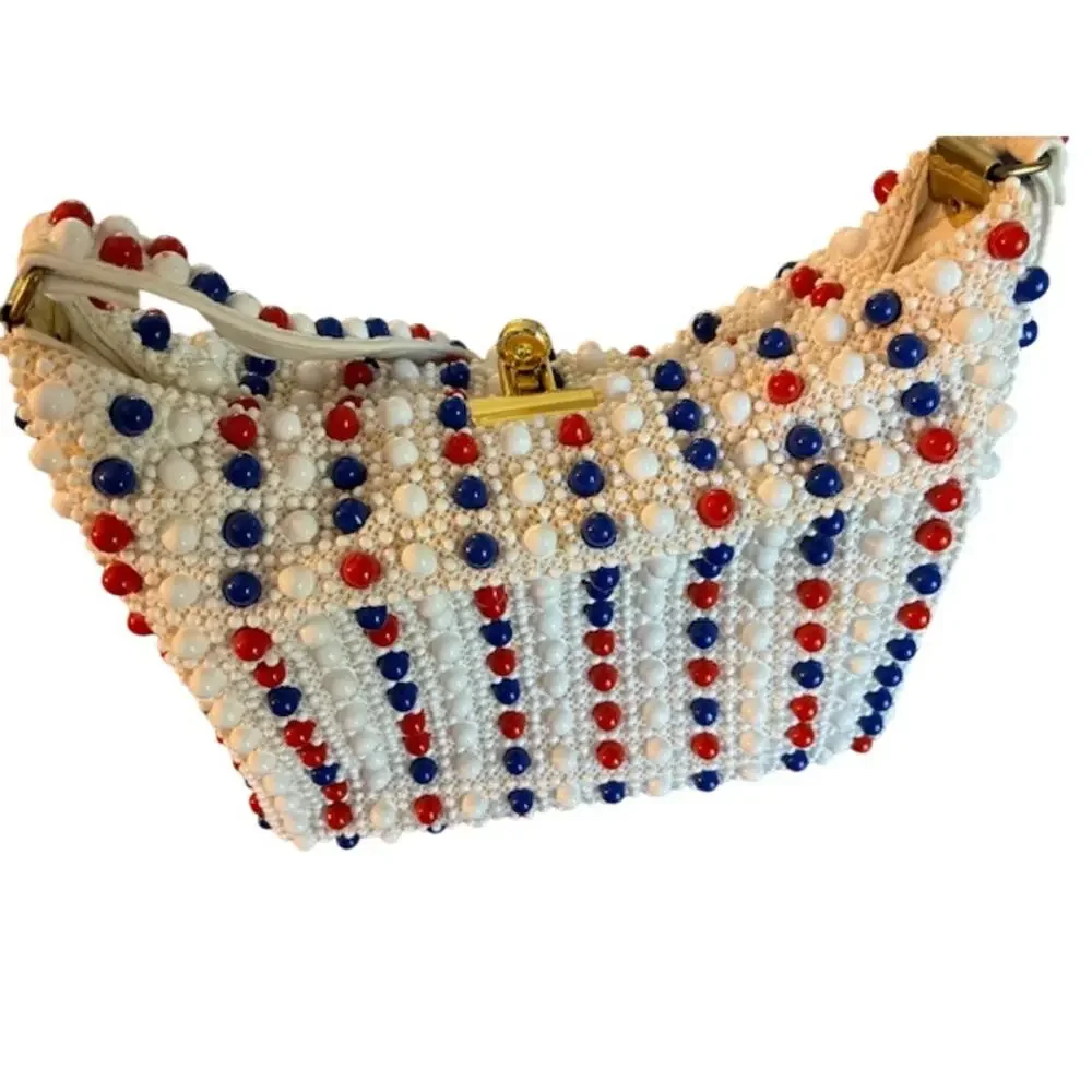 Vintage Lumured Bead Flower Purse New without Tags Red White Blue USA Celebrate‎